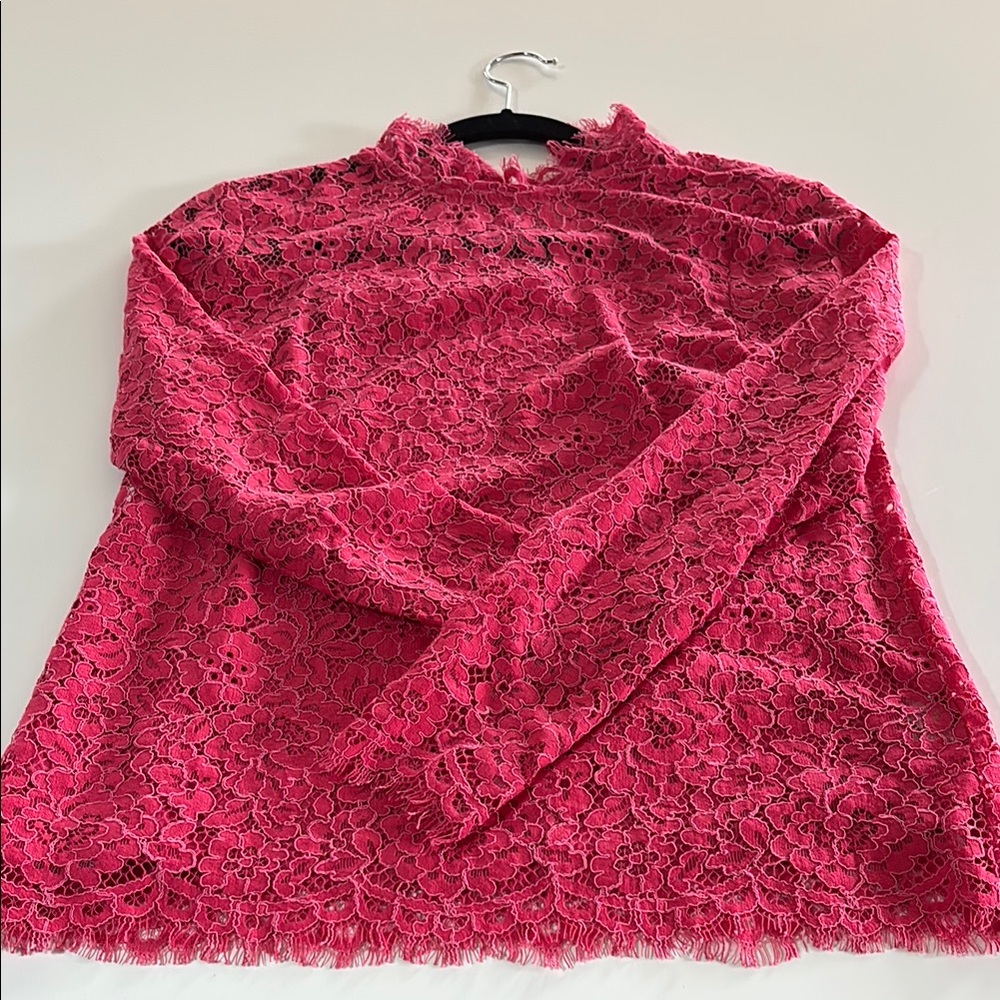 J. Crew Scalloped Lace Mock Neck Top Keyhole Back Hot Pink - Picture 5 of 7